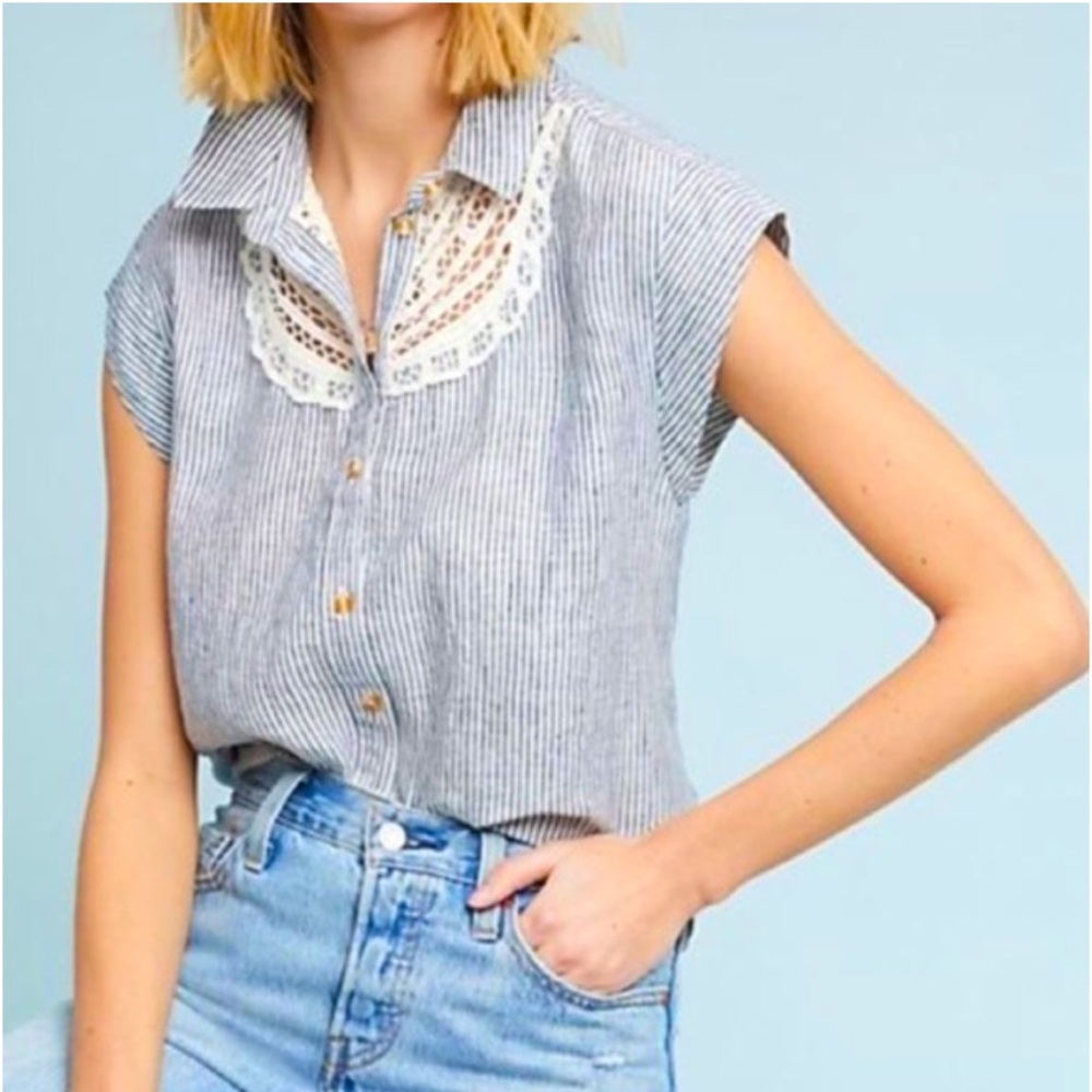 Anthro • Striped Linen Button Front Blouse